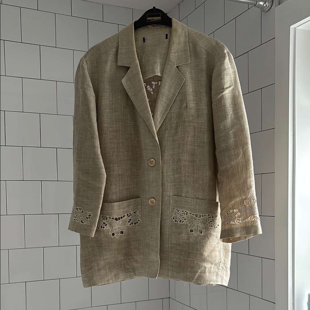 Vintage Beige Linen Blazer with Lace Details